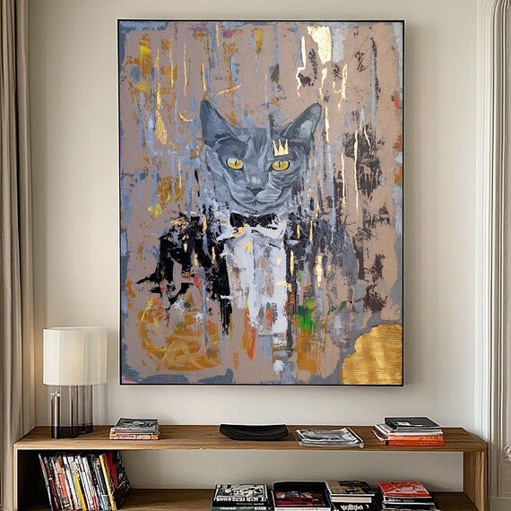 Crowned Grey Cat In Bowtie Fancy Animal Painting By Ron Deri Poster