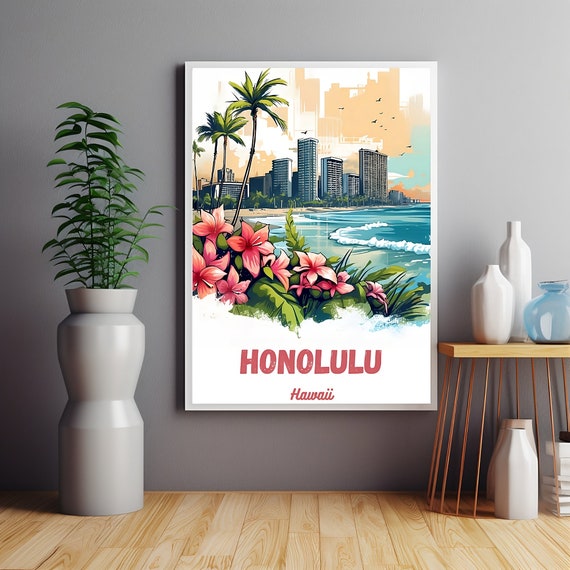 Honolulu Poster Hawaii Print Honolulu Travel Poster Hawaii Gift Art Hawaii Traditional Travel Print Hawaii Travel Art Wedding Gift