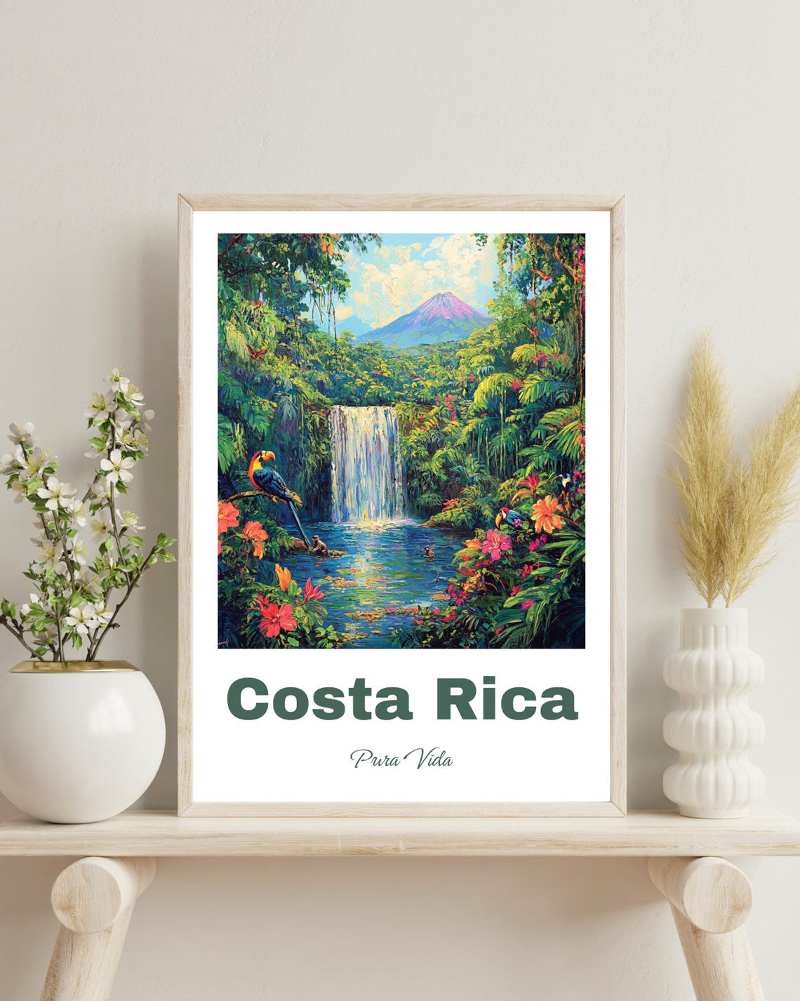Costa Rica Travel Poster, Arenal Volcano Waterfall