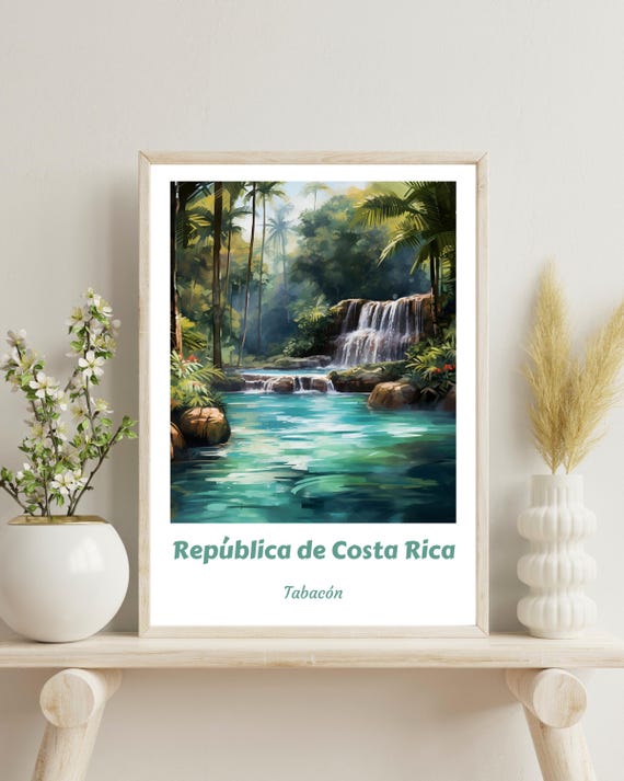 Costa Rica Traditional Travel Print, Tabacon Waterfall
