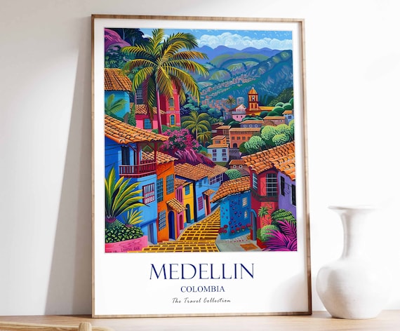 Medellin Colombia Colorful Hillside Town Palms Travel Poster