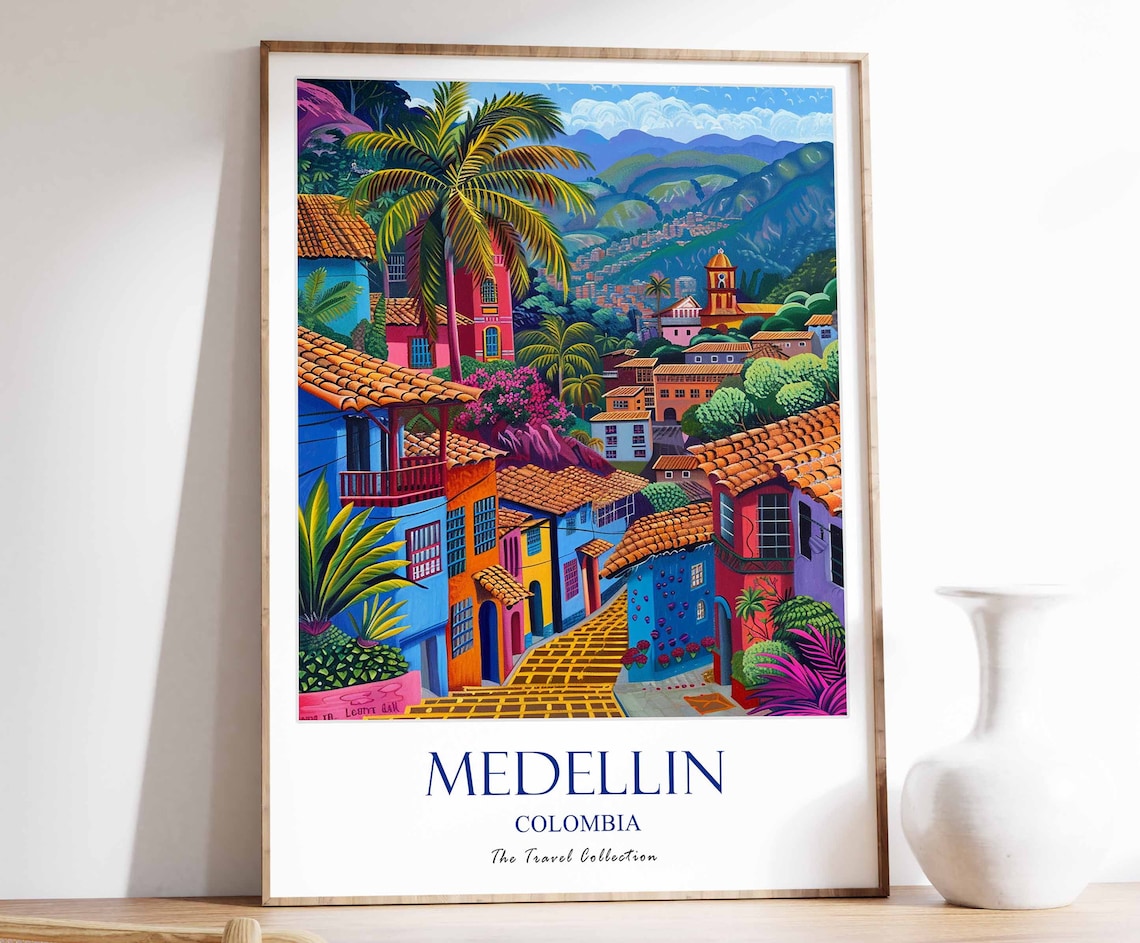 Medellin Colombia Colorful Hillside Town Palms Travel Poster
