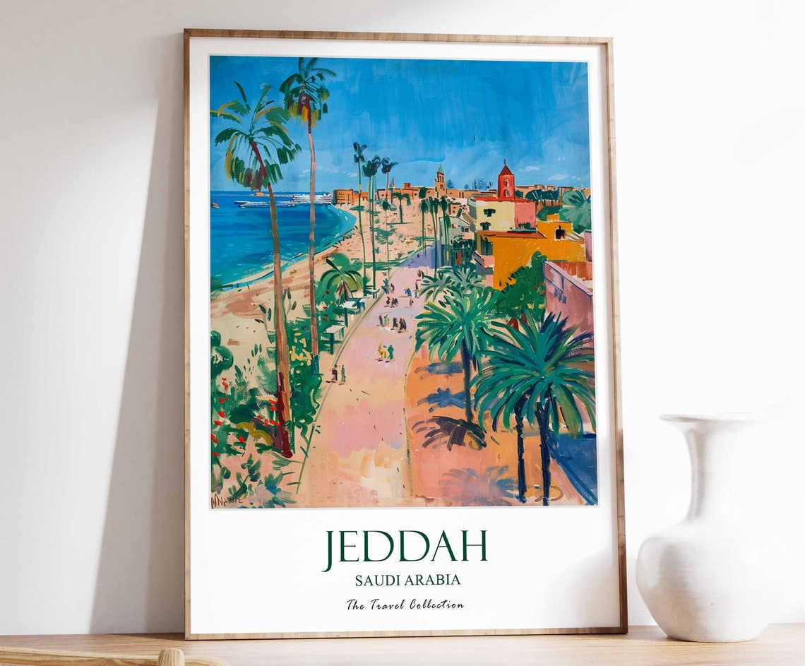 Jeddah Saudi Arabia Travel Poster Beach Promenade Palms Ocean Scene