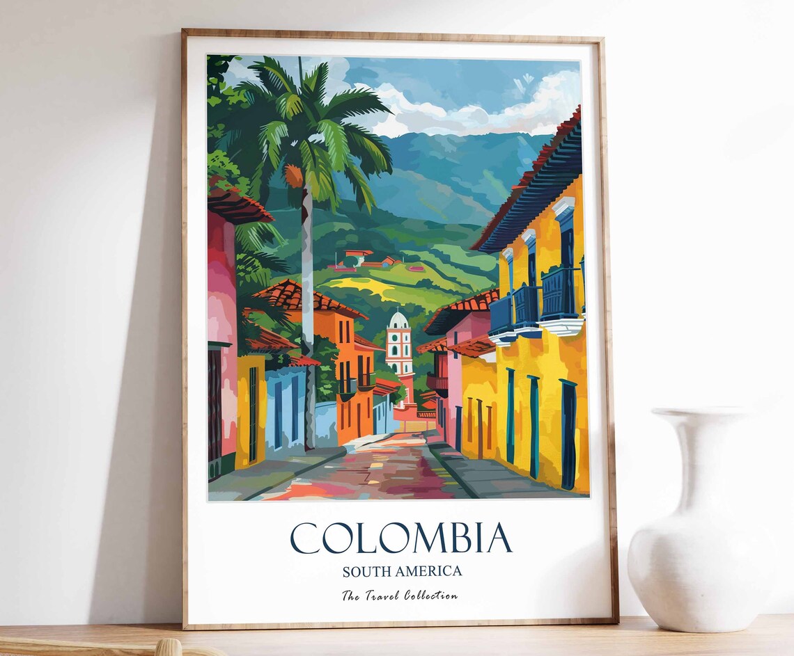 Colombia South America Colorful Colonial Street Travel Poster