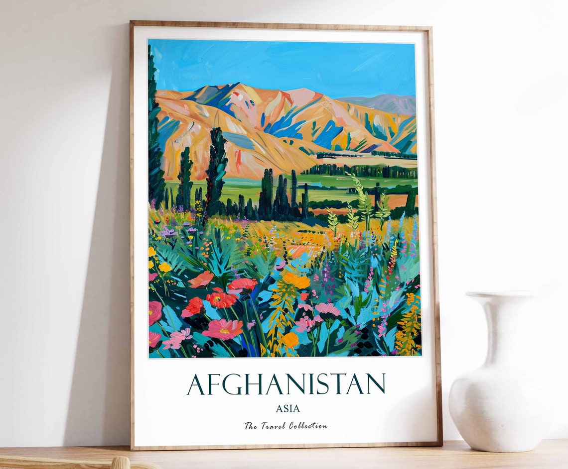 Afghanistan Asia Wildflower Meadow Mountain Landscape Travel Poster