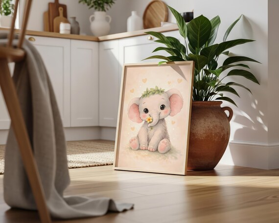 Baby Elephant Poster Download For Nursery Cute Animal Illustration With Flowers Room Printable Girls Gentle