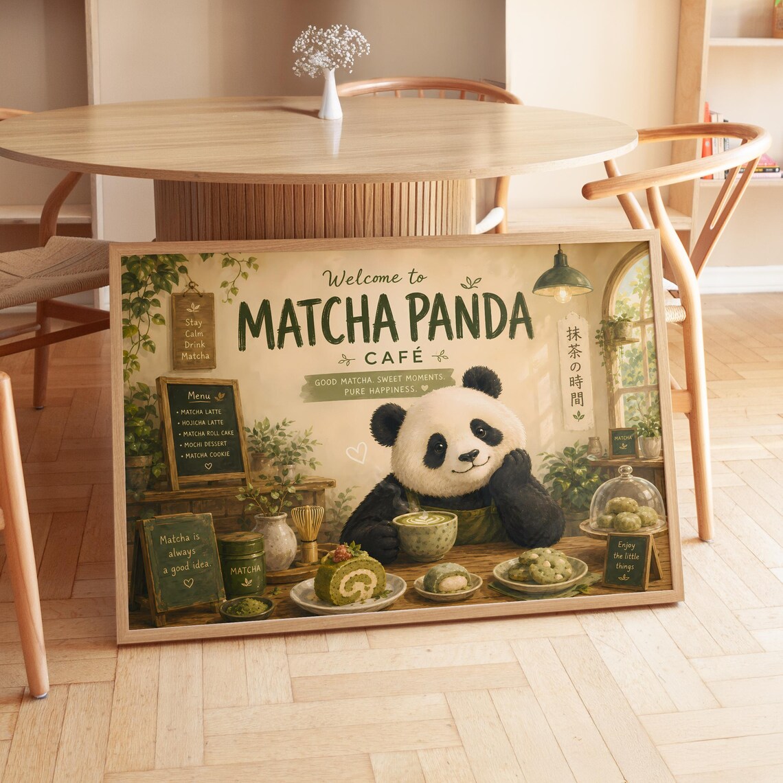 Matcha Panda Cafe Cute Kawaii Panda Green Tea Japanese Dessert Art Poster