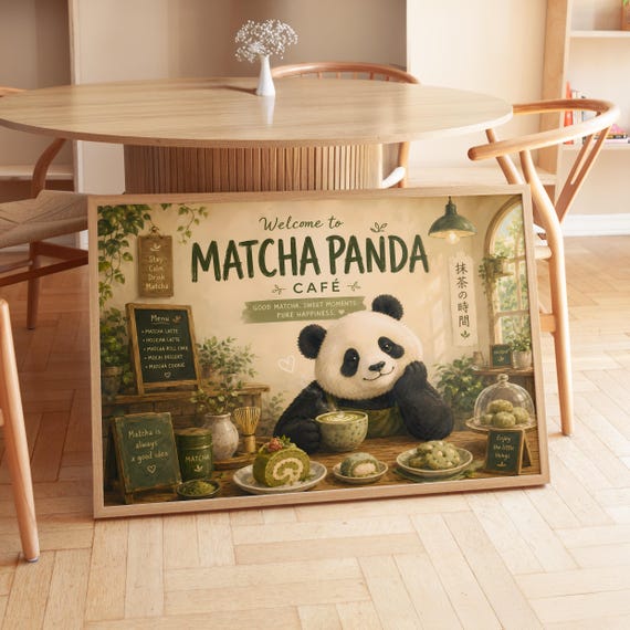 Digital Download Matcha Panda Typography Cute Bear Green Tea Printable Whimsical Cafe Decor Print File
