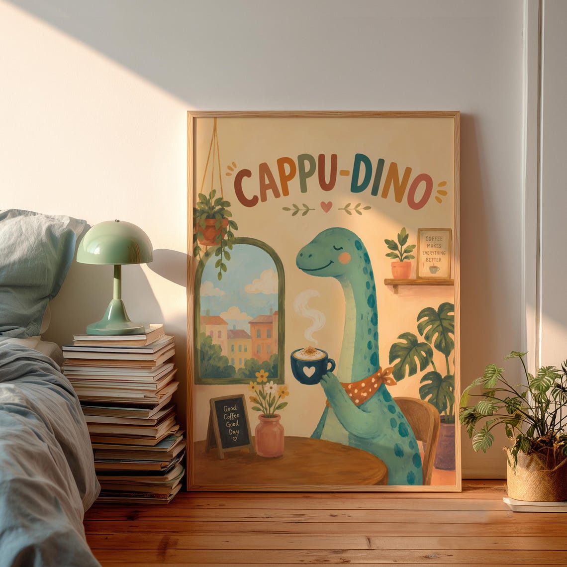 Cappu Dino Dinosaur Poster Cute Long Neck Coffee Cafe Wall Decor