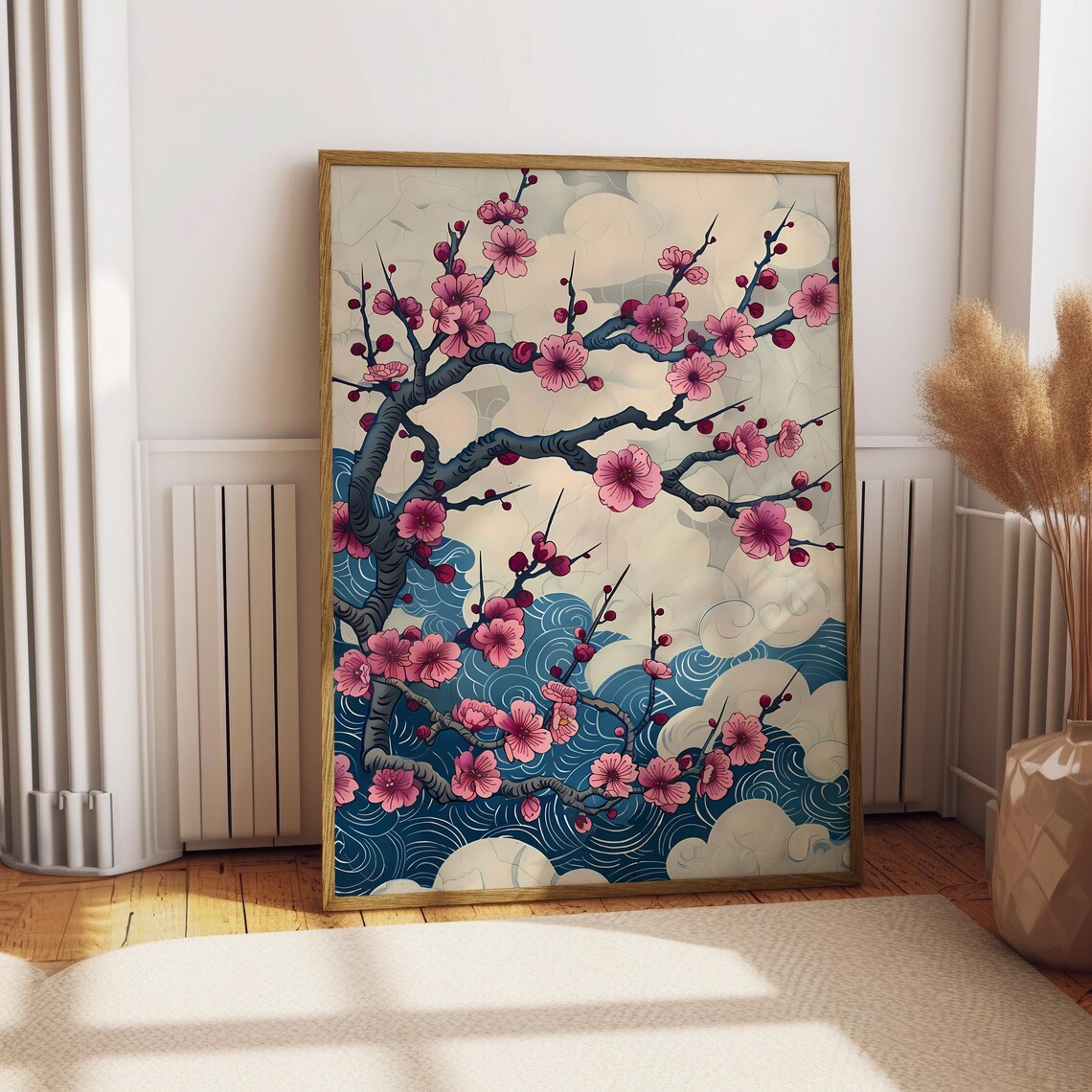 Pink Sakura Blossom Blue Waves Japanese Ukiyoe Floral Poster
