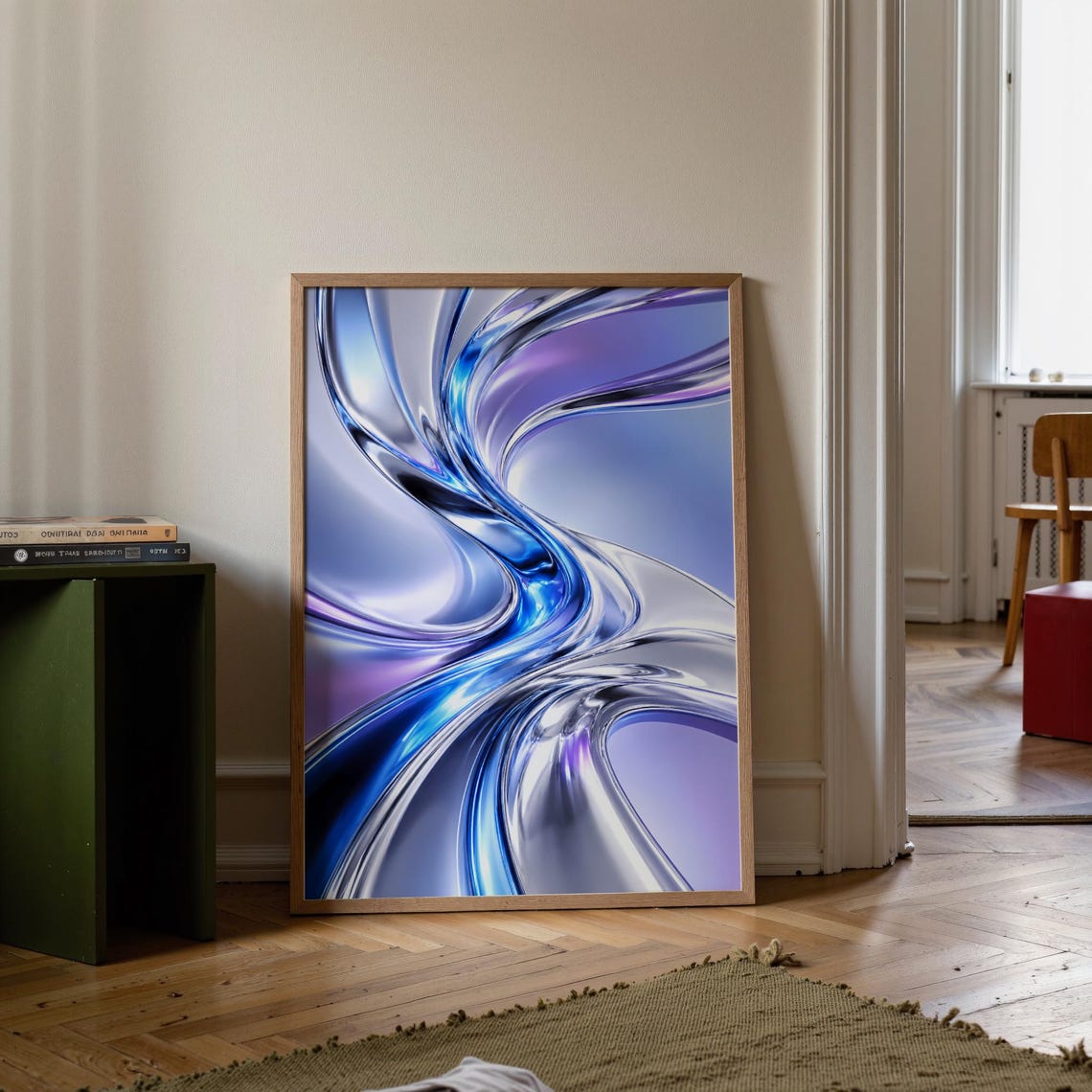 Liquid Chrome Fluid Abstract Silver Blue 3D Modern Art Poster