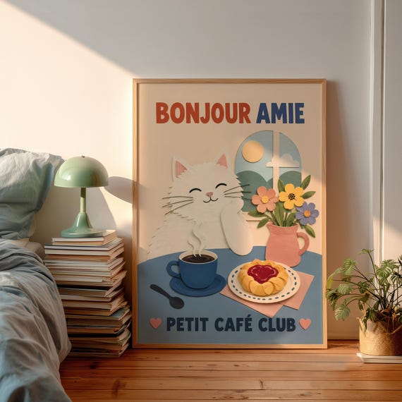 Papercut Style White Cat Art Print French Cafe Vibe Pastry Poster Aesthetic Pastel Apartment Wall Decor Gift For Mom