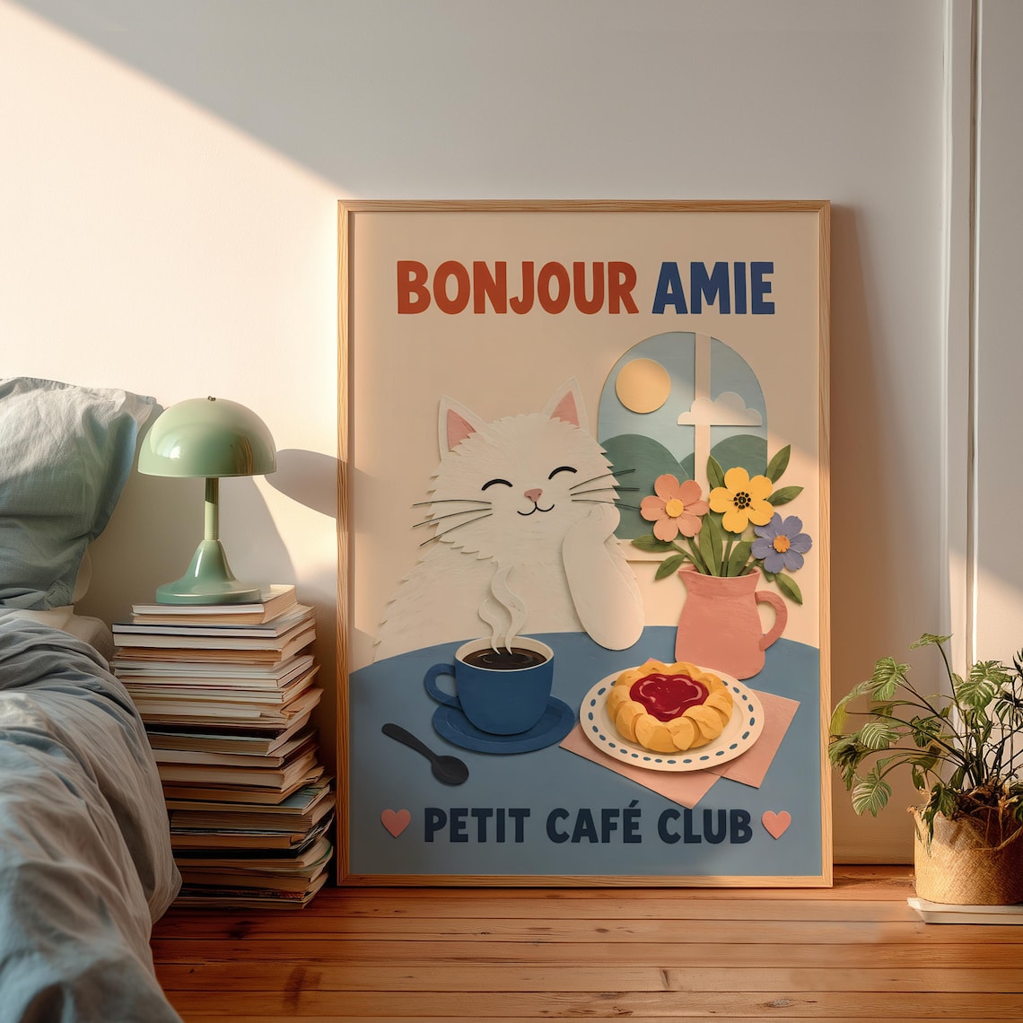 Bonjour Amie Happy White Cat with Coffee and Jam Tart Cafe Poster