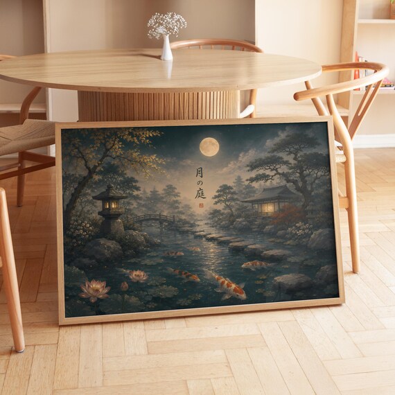 Japanese Koi Fish Pond Zen Garden Moonlit Poster