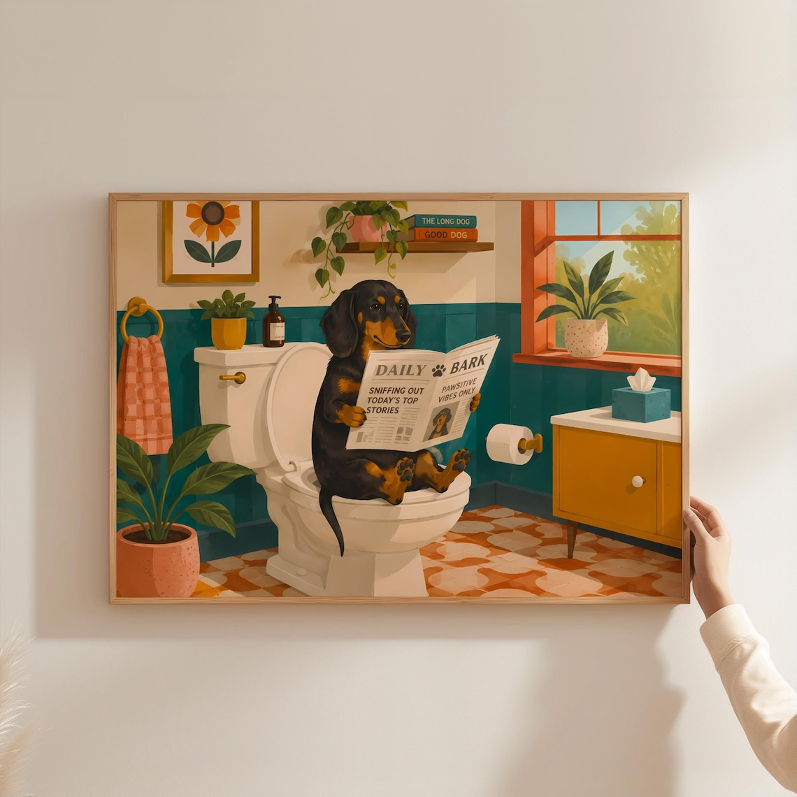 Funny Dachshund Reading Newspaper On Toilet Retro Bathroom Dog Poster