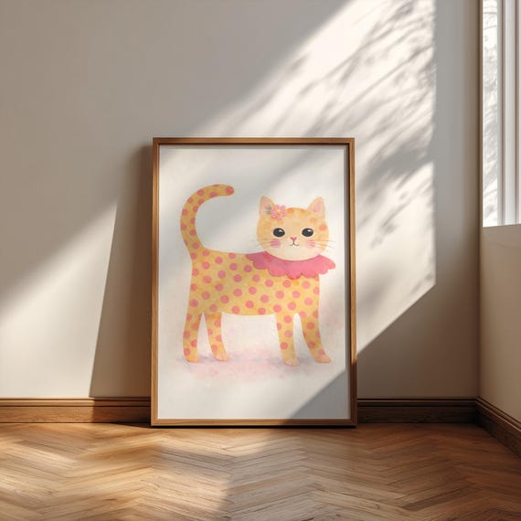 Cute Polka Dot Cat Printable Download Pink Animal Wall Art For Childrens Room Digital