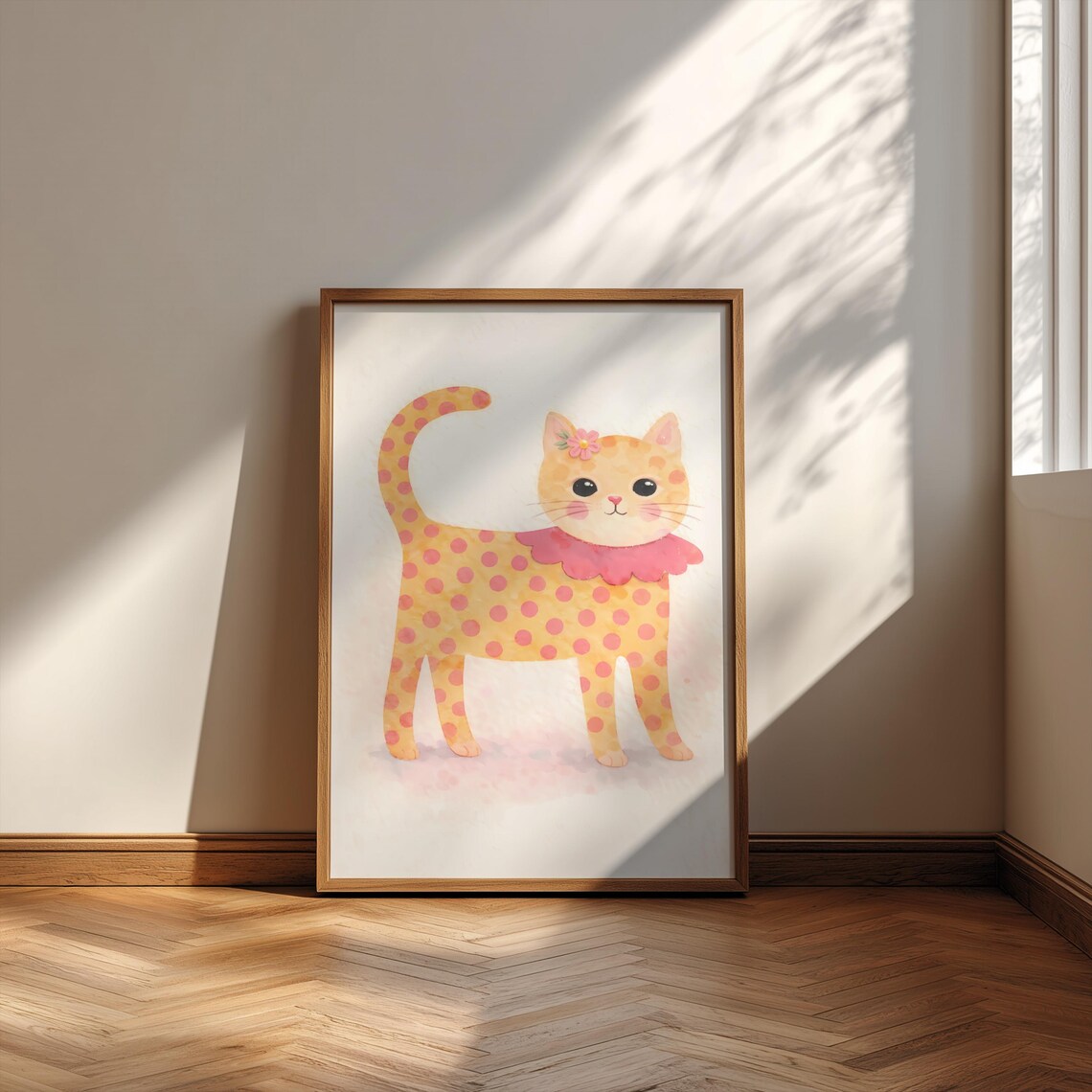 Polka Dot Cat Pink Collar Flower Cute Orange Kitty Art Poster