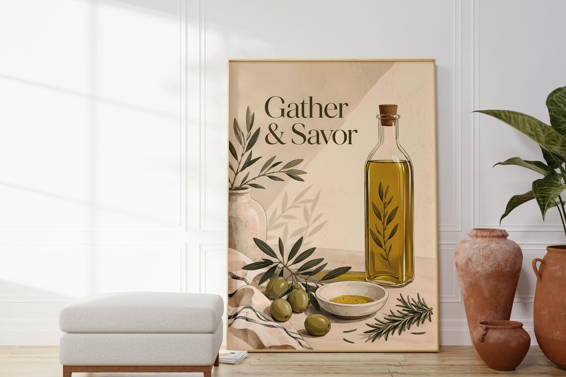 Gather Savor Olive Oil Poster, Mediterranean Kitchen Decor