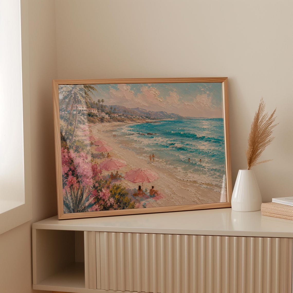 Retro Pink Beach Umbrellas Impasto Coastal Ocean View Art Poster