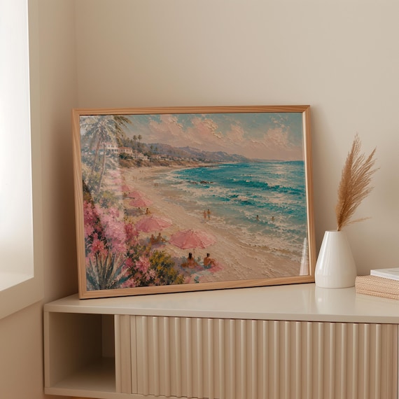 Retro Pink Beach Umbrellas Impasto Coastal Ocean View Art Poster