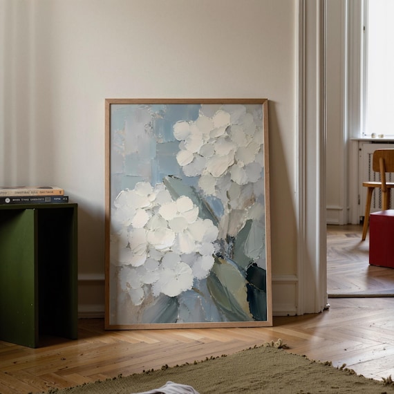 Textured White Hydrangea Impasto Floral Palette Knife Art Print