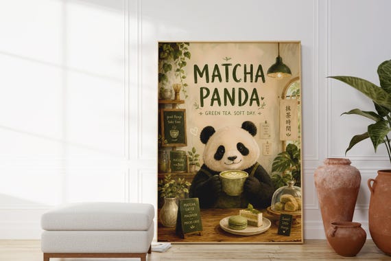 Digital Download Matcha Panda Typography Cute Bear Green Tea Printable Whimsical Cafe Decor Print File