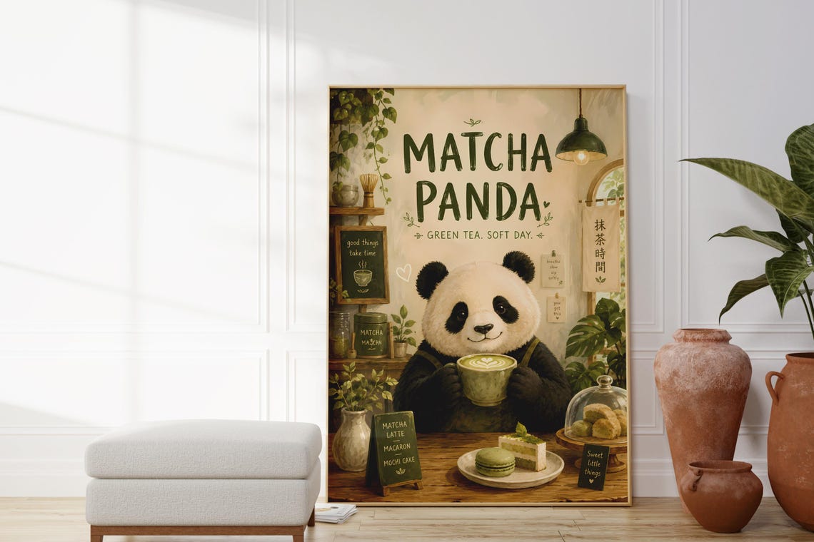Matcha Panda Green Tea Soft Day Cute Cafe Kawaii Latte Poster