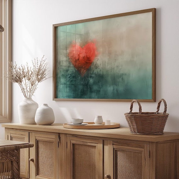 Abstract Red Heart In Fog Poster Moody Wall Art Minimalist Love Teal And Decor Print Gift For Her