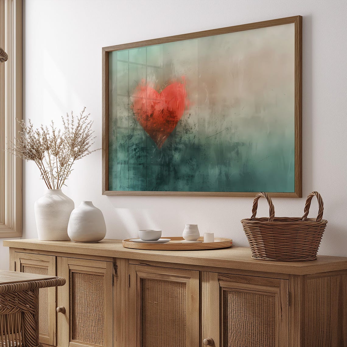 Abstract Red Heart Teal Fog Moody Romantic Modern Love Wall Art