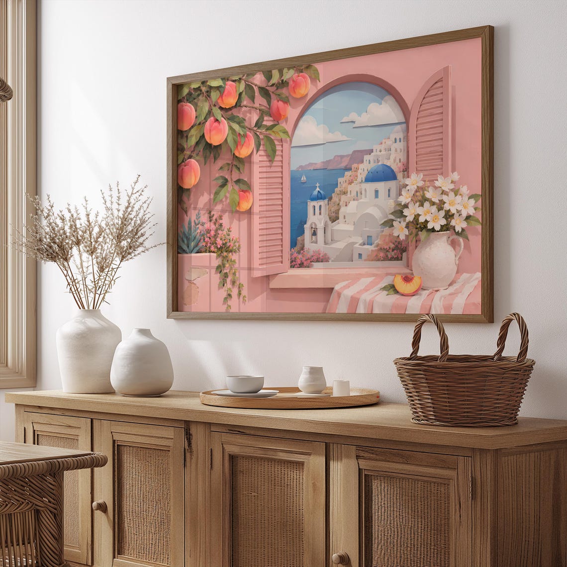 Santorini Blue Domes Pastel Pink Window View Greece Travel Poster