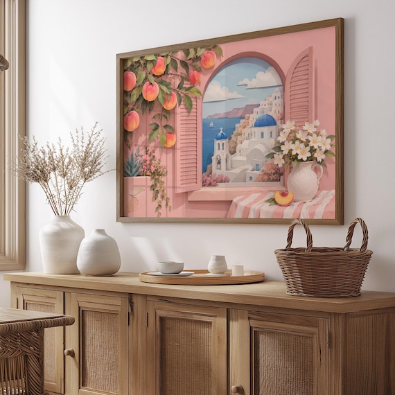 Santorini Blue Domes Pastel Pink Window View Greece Travel Poster