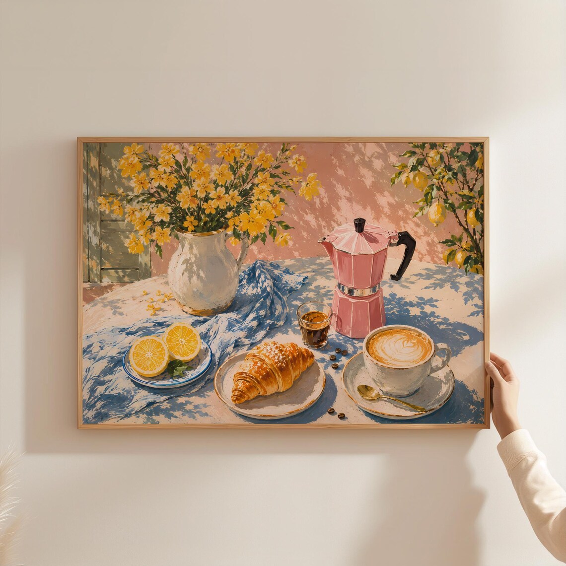 Pink Moka Pot Coffee And Croissant Sunny Italian Morning Poster