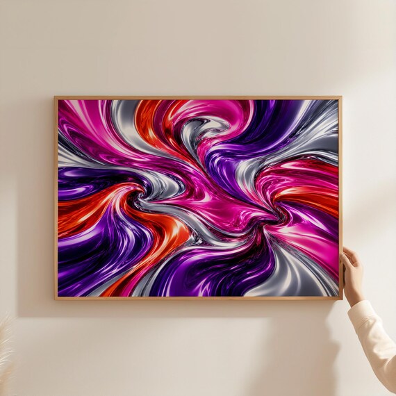 Vibrant Magenta Pink Liquid Metal Poster Abstract Fluid Chrome Wall Art Colorful Purple Orange Swirl Print Dopamine Decor