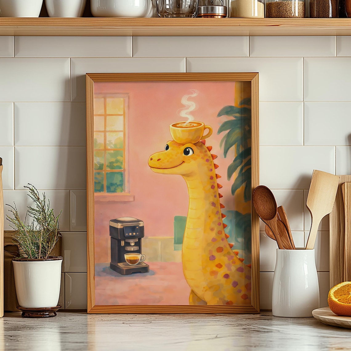 Funny Dinosaur Coffee Poster, Cute Kitchen Bar Decor
