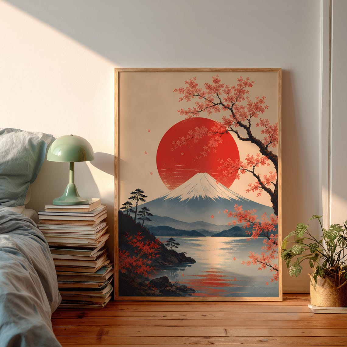Mount Fuji Red Sun Poster Japanese Cherry Blossom Ukiyoe Inspired Art