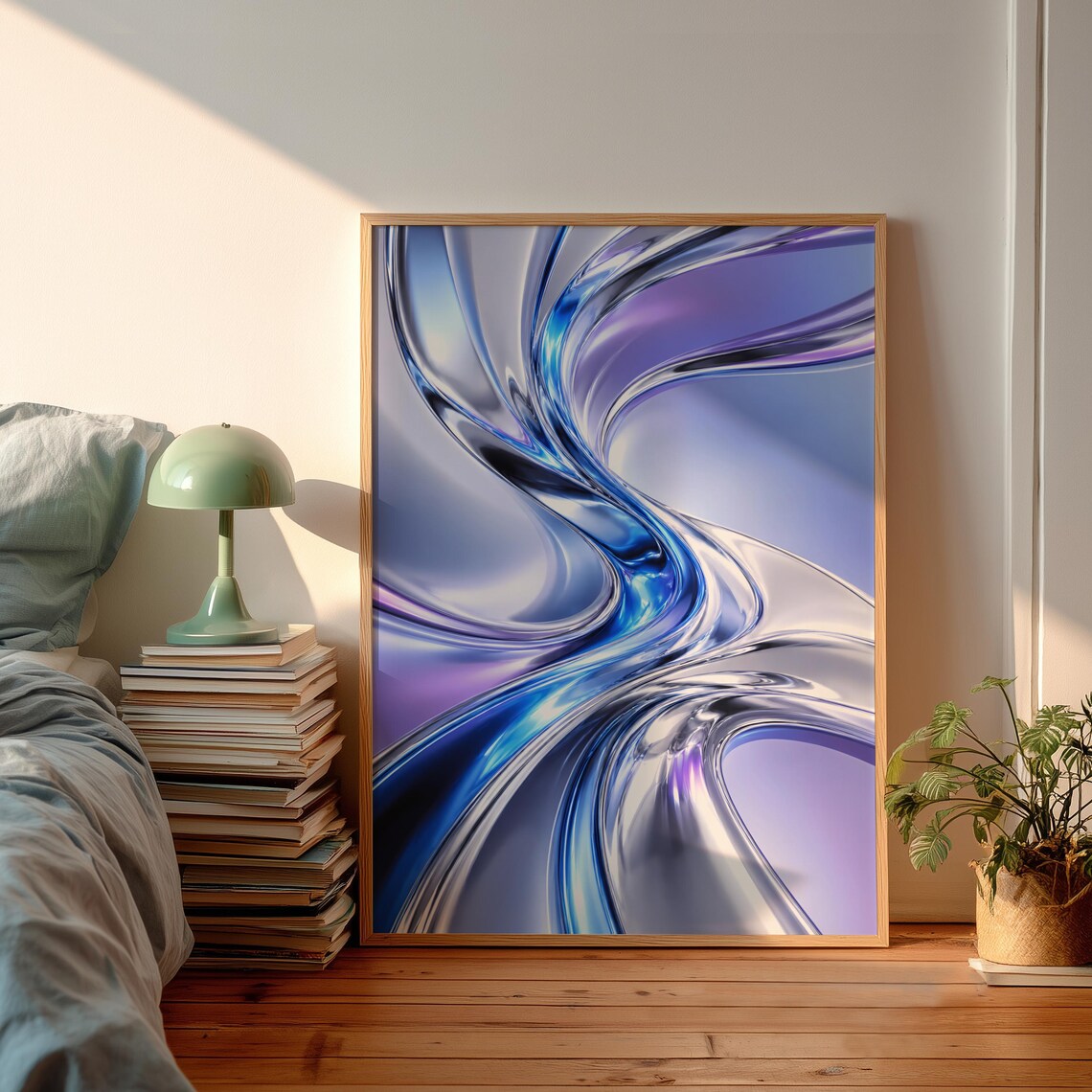 Liquid Chrome Poster, Metallic Blue Abstract Art Print