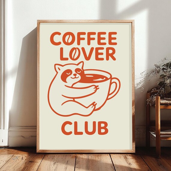Coffee Lover Club Cat Hugging Big Cup Orange Line Art Poster