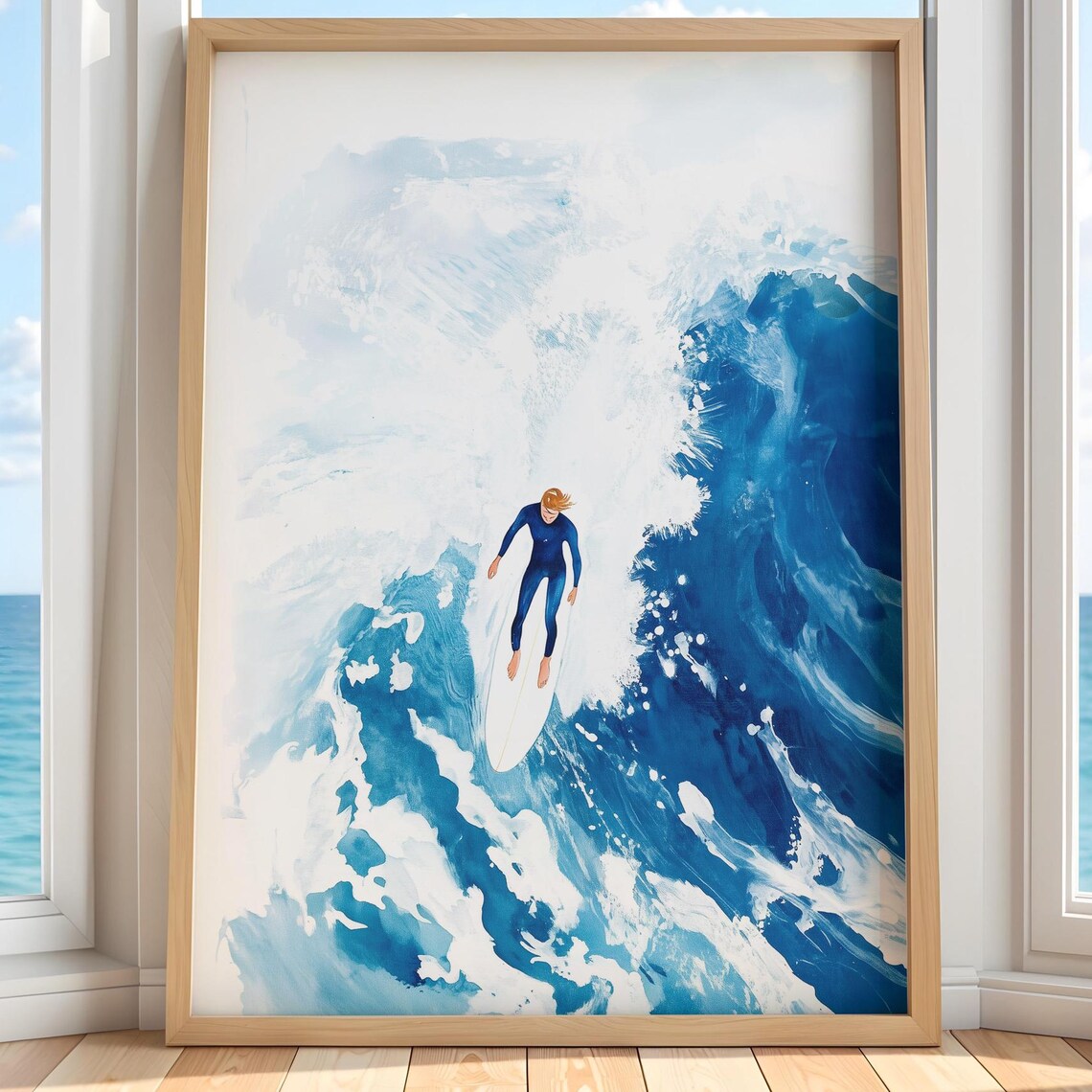 Big Wave Surfer Poster Blue Ocean Watercolor Coastal Beach Surfing Art Decor Gift