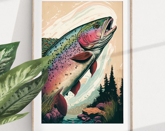 Rainbow Trout Fishing Poster Mountain House Cabin Decor Fly Fishing Gift National Parks Poster Vintage Fishing Poster