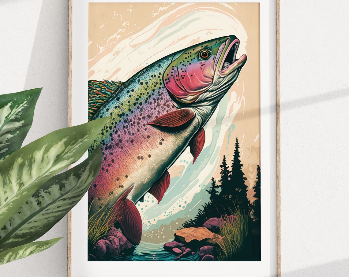 Rainbow Trout Fishing Poster Mountain House Cabin Decor Fly Fishing Gift National Parks Poster Vintage Fishing Poster