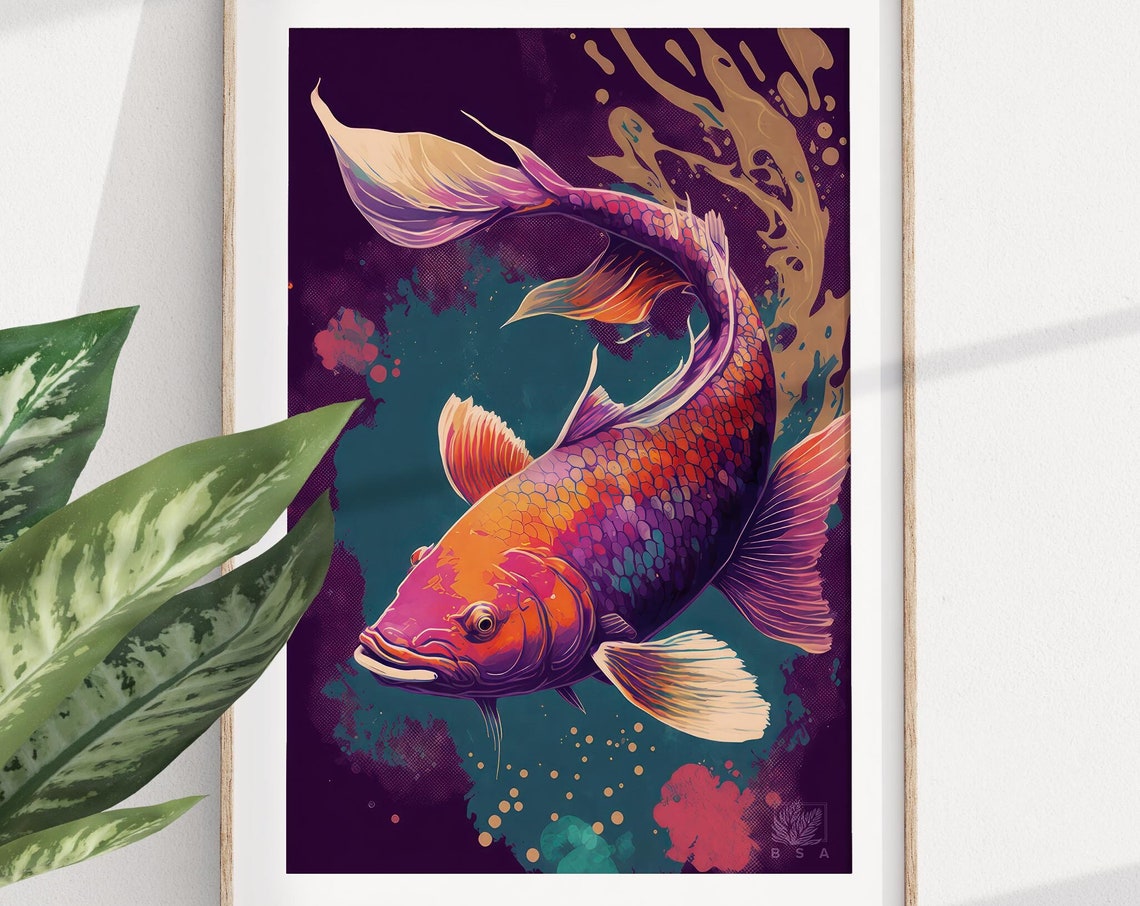 Vibrant Neon Koi Fish Swirling in Deep Purple Waters Art Poster - Image 4