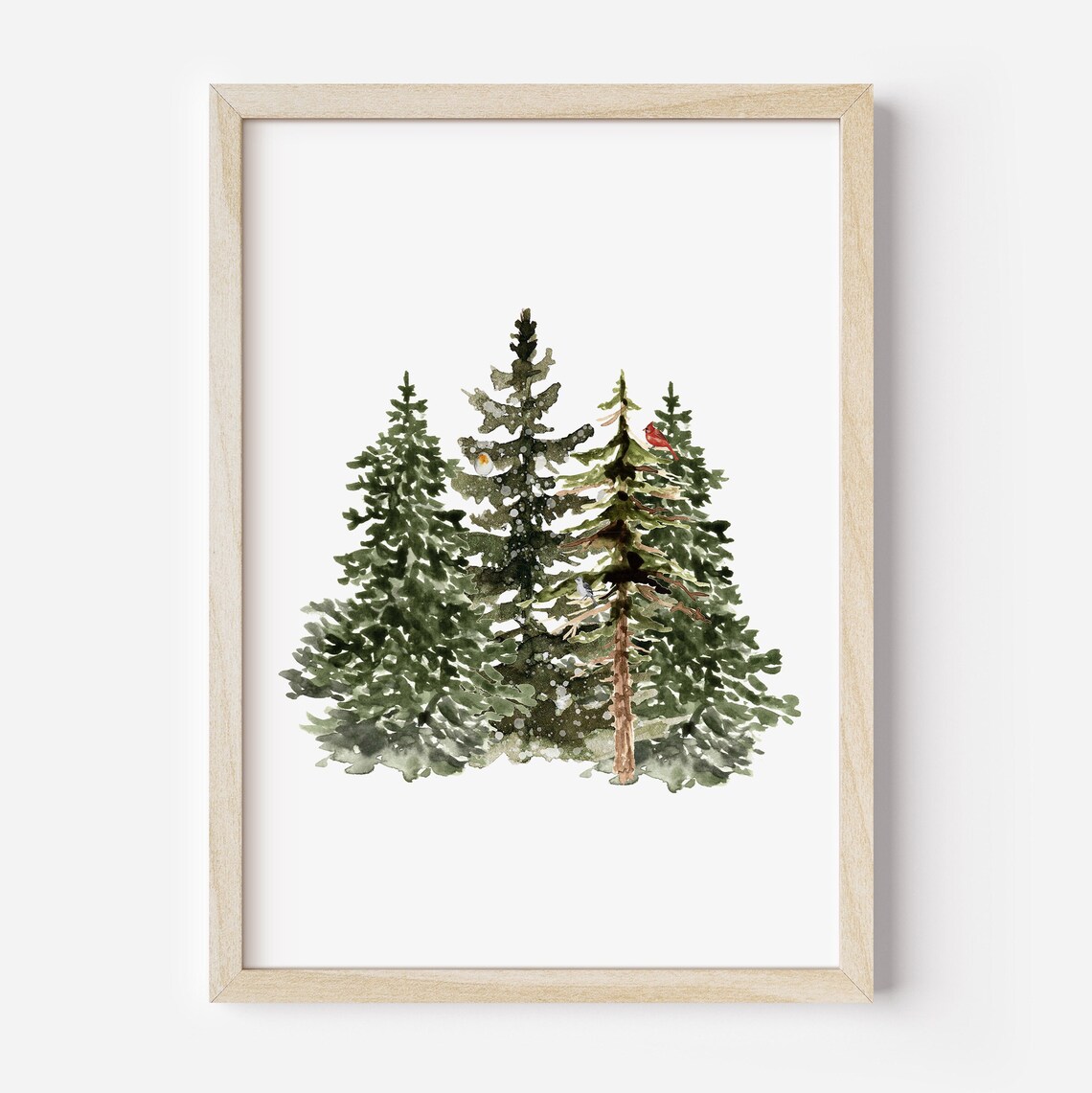 Watercolor Pine Trees Cluster with Cardinal Winter Woodland Poster