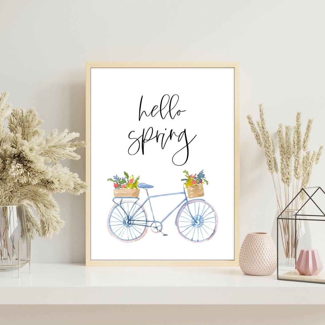 Hello Spring Watercolor Blue Bicycle Flower Baskets Seasonal Poster - Image 2