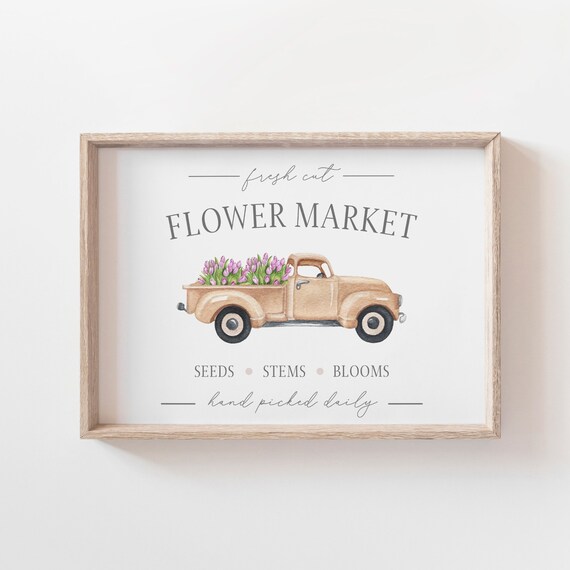 Fresh Cut Flower Market Vintage Truck Tulip Farmhouse Sign Poster