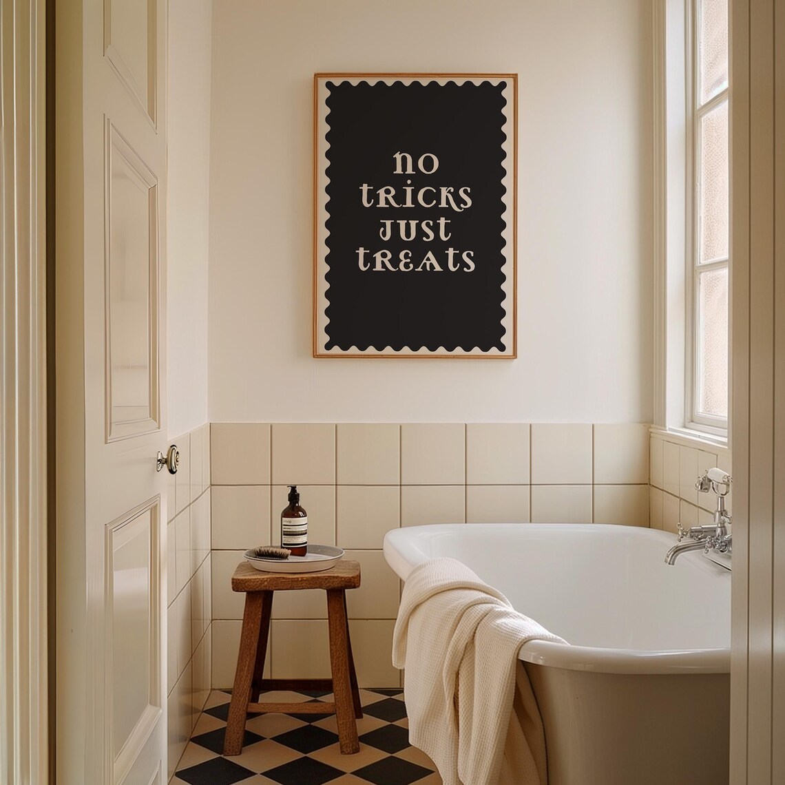 No Tricks Just Treats Cream Lettering on Black Scallop Poster - Image 2