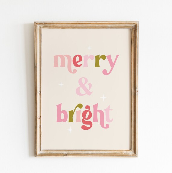 Merry and Bright Retro Typography Colorful Holiday Quote Poster