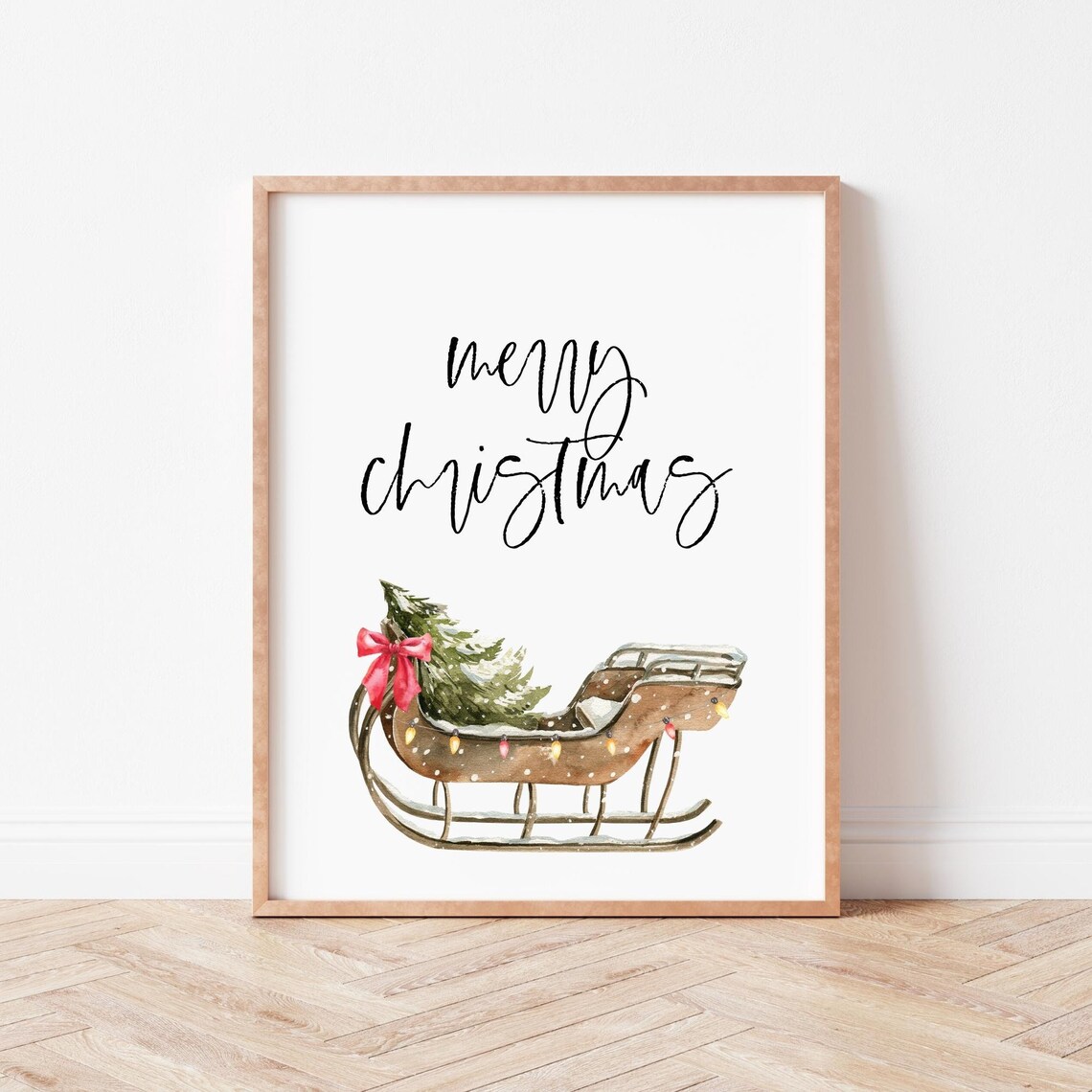 Merry Christmas Calligraphy Wall Art Watercolor Sleigh Holiday Tree Decor - Image 3