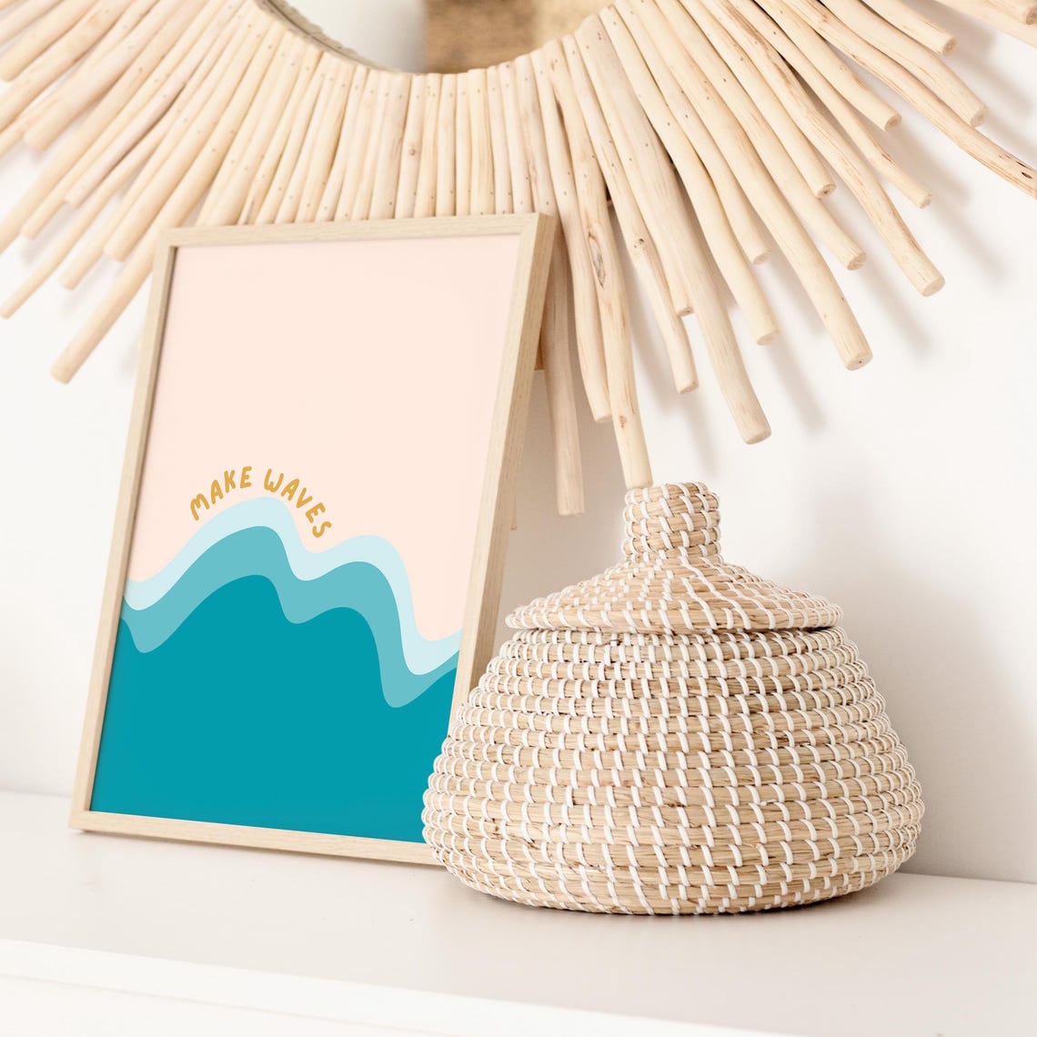 Make Waves Retro Ocean Surf Teal Blue Wavy Coastal Quote Wall Art - Image 2