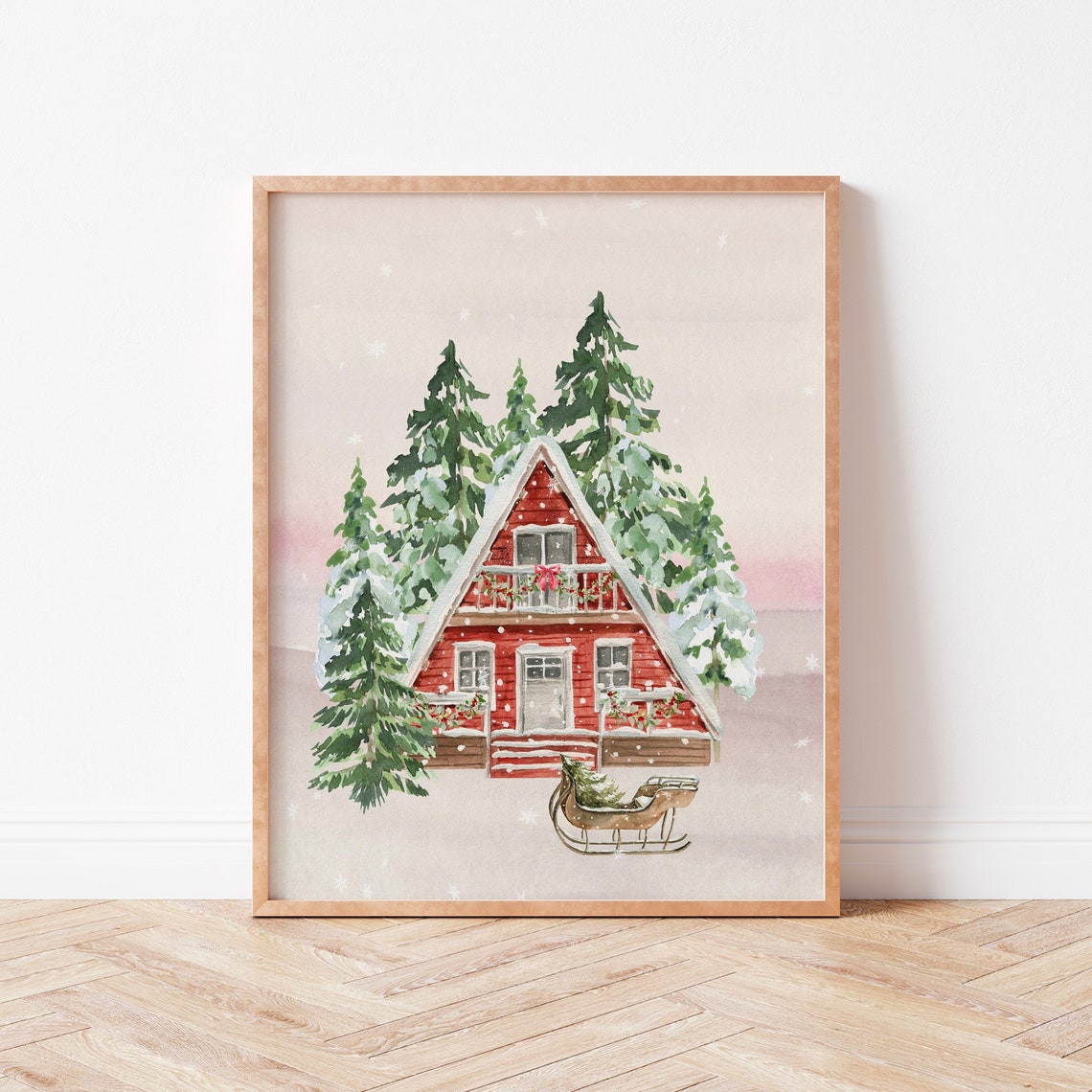 Red A Frame Christmas Cabin Watercolor Sled Snowy Pines Poster