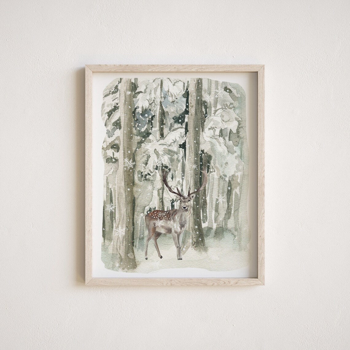 Majestic Deer in Snowy Birch Forest Watercolor Winter Woodland Poster - Image 2